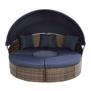 Hot Sale KD Rattan Round Lounge With Canopy Bali Canopy Bed Outdoor, Wicker Outdoor Sofa Bed with lift coffee table