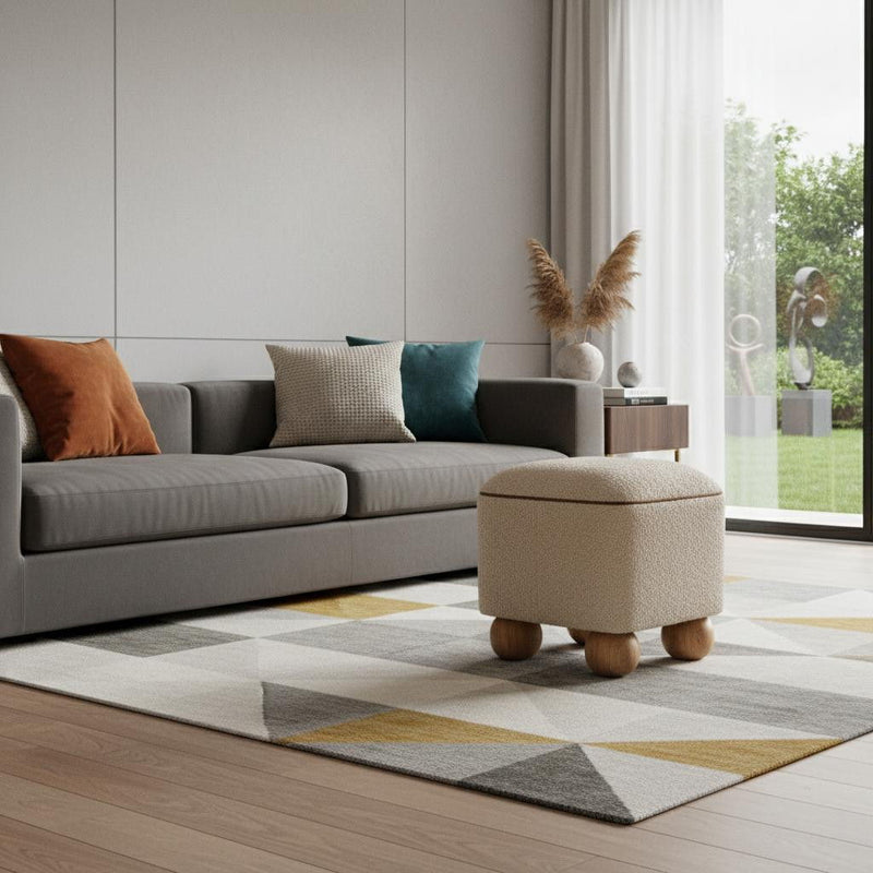 Boucle Round Footstool (723457) - Beige / Brown
