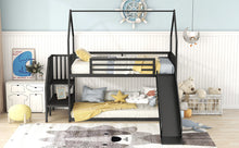 Load image into Gallery viewer, Twin Size Metal Bunk Bed House Bed with Slide and Staircase, Black
