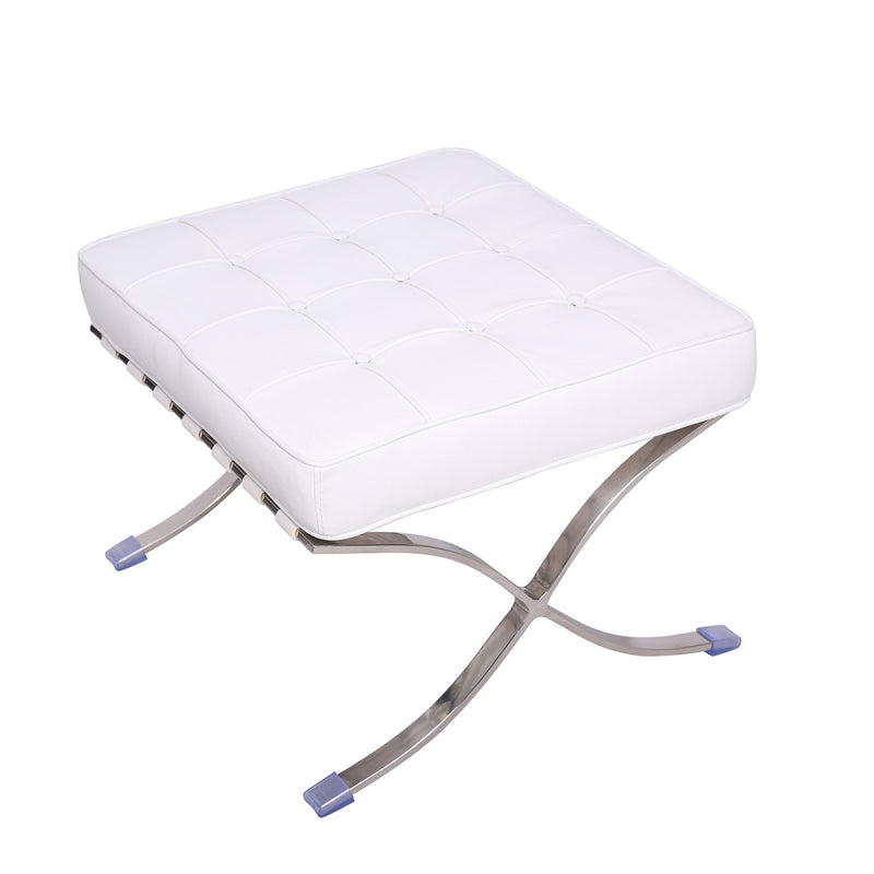 Leather Tufted Ottoman - White / Silver