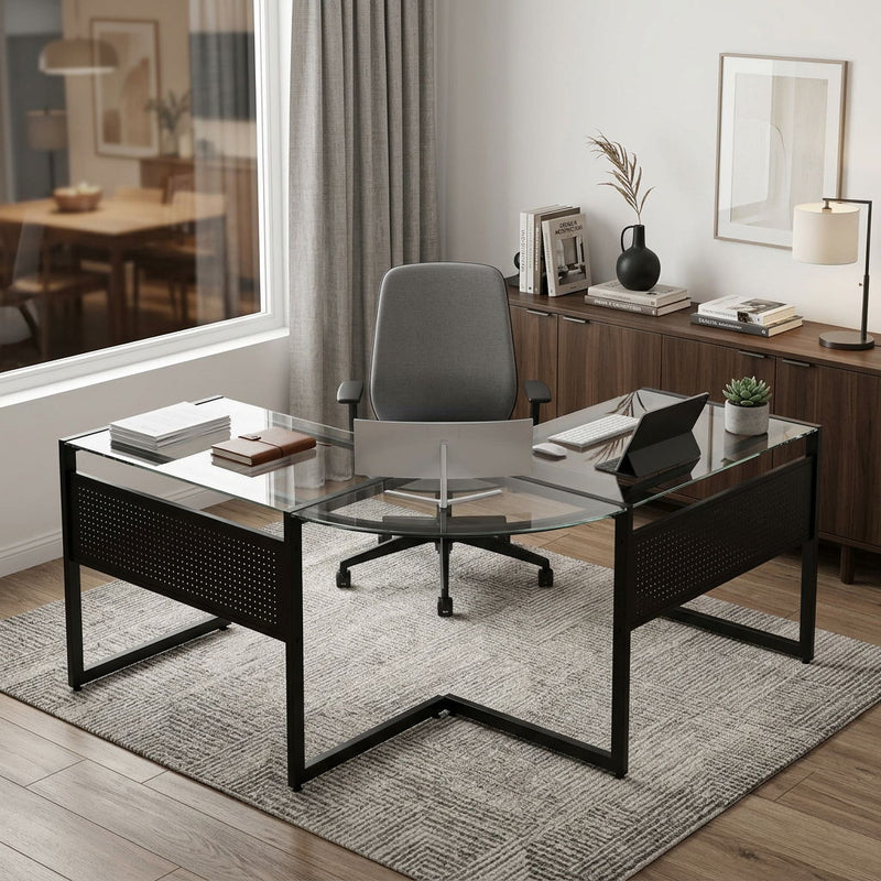 Stainless Corner Computer Desk - Clear / Black