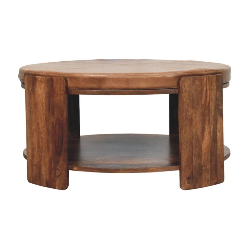 Genuine Leather And Solid Wood Round Solid Coffee Table - Brown