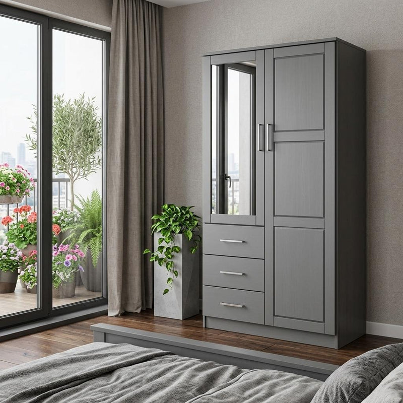 Solid Wood Mirrored Two Door Three Drawer Combo Dresser - Gray