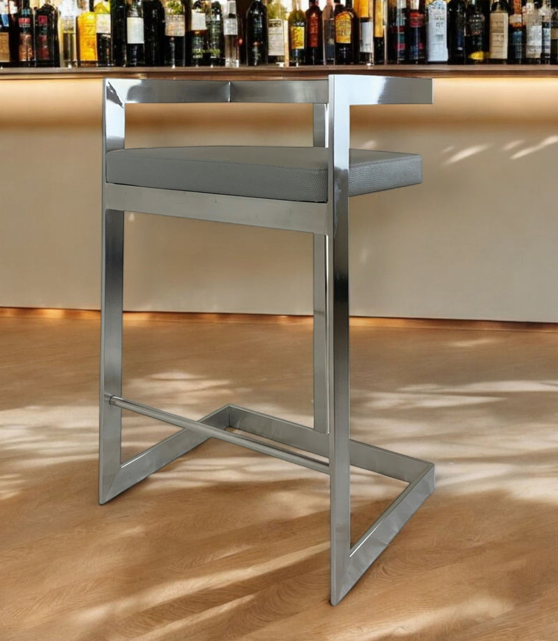 Faux Leather And Metal Low Back Counter Height Bar Chair - Gray And Silver