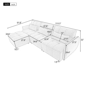 113.3" Convertible Sectional Sofa Couch 3-Seat L-Shaped Sofa with Movable Ottoman and  USB for Apartment, Living Room, Bedroom, Grey