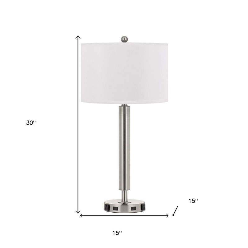 Metal Cylinder USB Table Lamp With White Drum Shade - Nickel