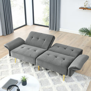 78" Italian Velvet Futon Sofa Bed, Convertible Sleeper Loveseat Couch with Folded Armrests and Storage Bags for Living Room and Small Space, Grey 280g velvet