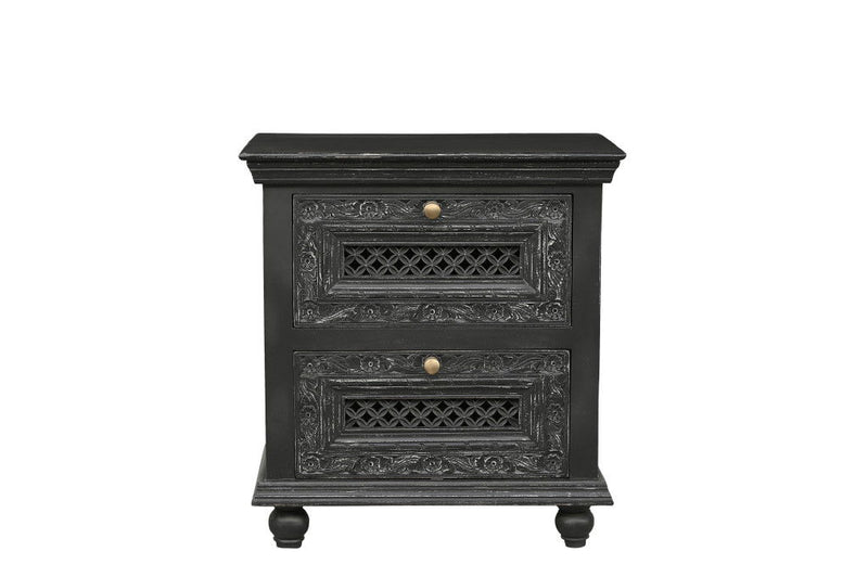 Solid Wood Square Distressed Carved Floral Two Drawer Nightstand - Black