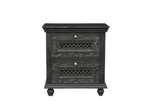 Load image into Gallery viewer, Solid Wood Square Distressed Carved Floral Two Drawer Nightstand - Black
