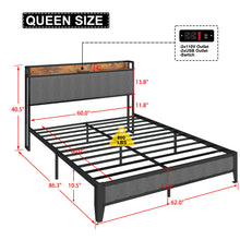 Load image into Gallery viewer, Queen Size Bed Frame with Charging Station, Upholstered Headboard, Metal Platform, Grey
