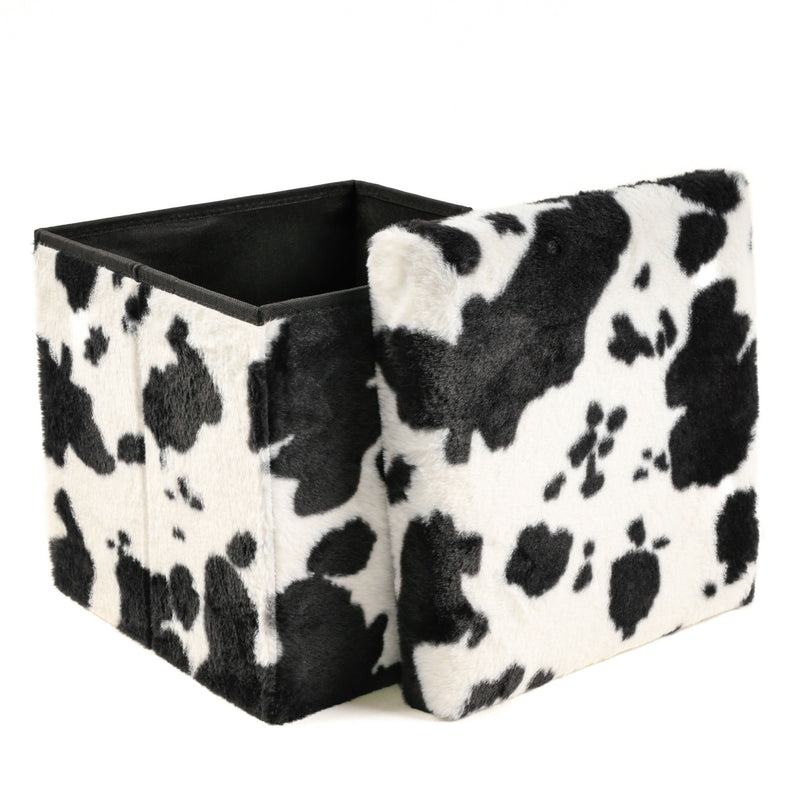 15" Plastic Cow Print Storage Ottoman - White / Black