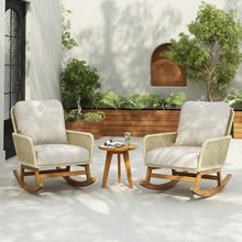 Load image into Gallery viewer, Cushioned Rattan Rocking Chairs With Wooden Accent Table Modern 3 Piece Outdoor Seating Set For Patio Relaxation - Ivory
