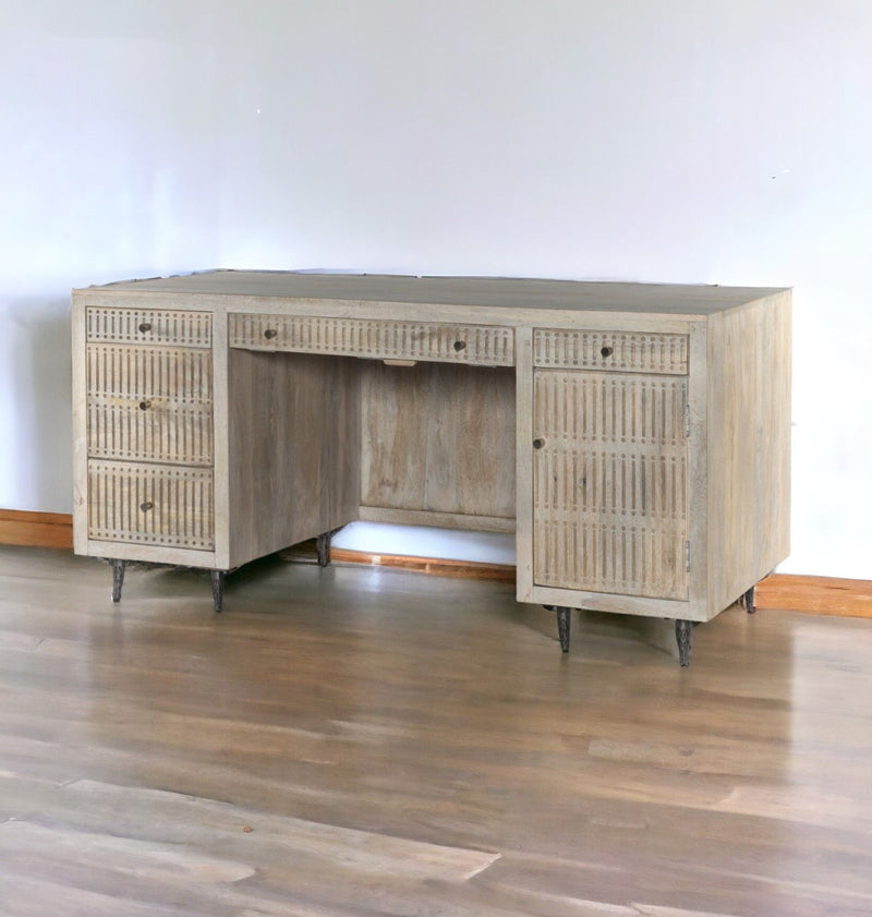 Solid Wood Executive Desk With Five Drawers - Ivory And Silver