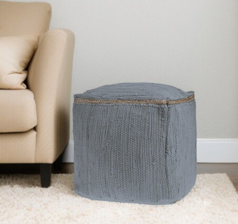 18" Cotton And Jute Cube Pouf Ottoman - Gray And Natural