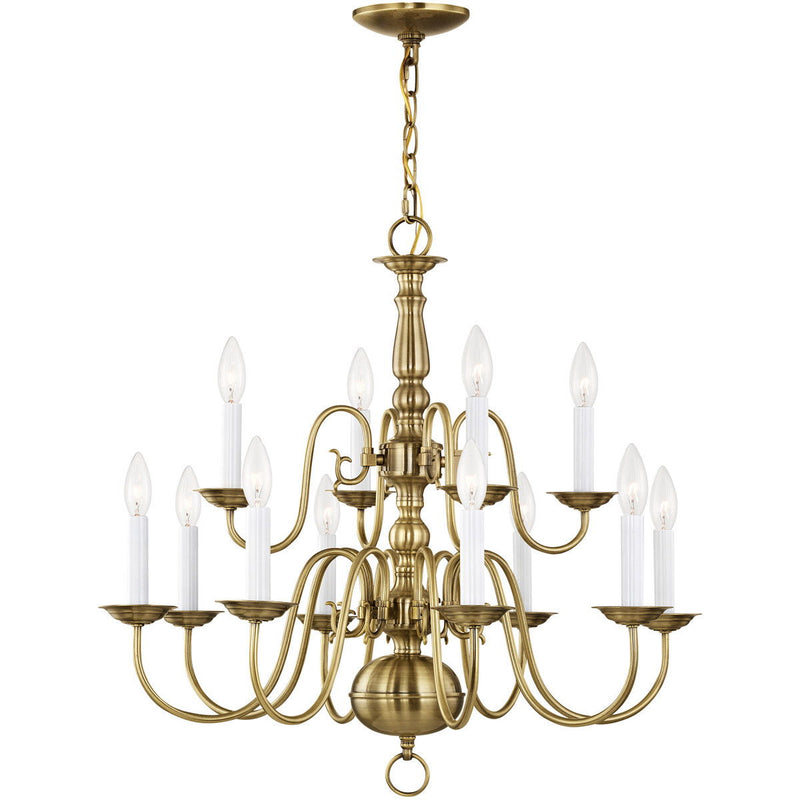 23" Twelve Light Dimmable Chandelier With Shades - Antiqued Brass