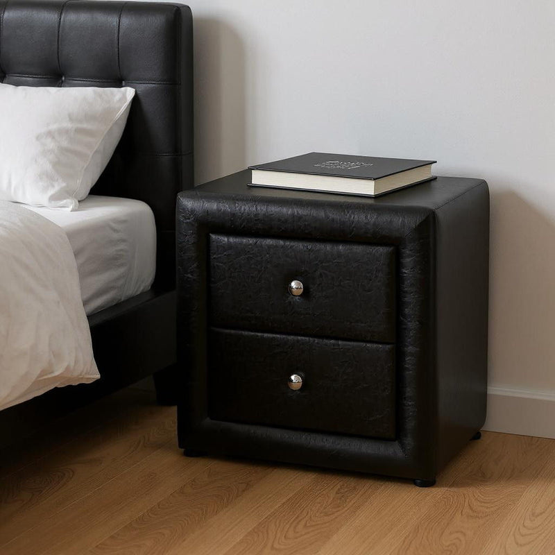 Faux Leather Two Drawer Nightstand - Black
