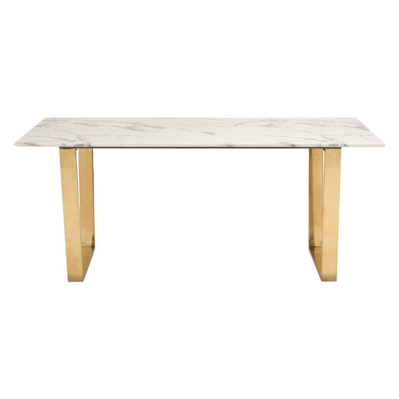 71" Faux Marble And Steel Sled Base Dining Table - White / Gold