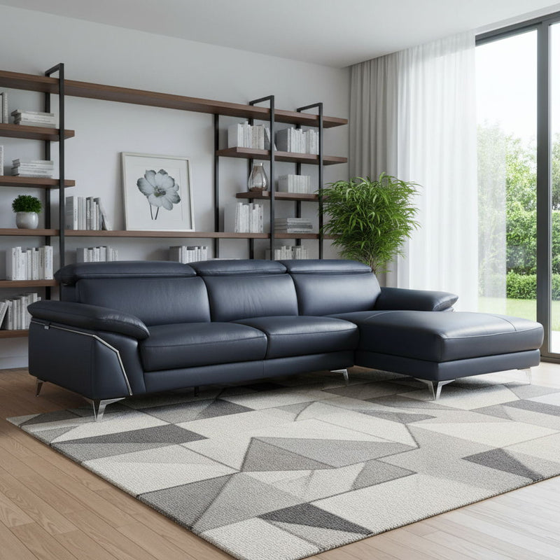 Italian Leather L Shaped Two Piece Sofa Chaise Sectional - Navy Blue