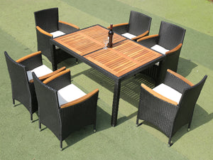 EELIFEE 7 piece Outdoor Patio Wicker Dining Set Patio Wicker Furniture Dining Set w/Acacia Wood Top