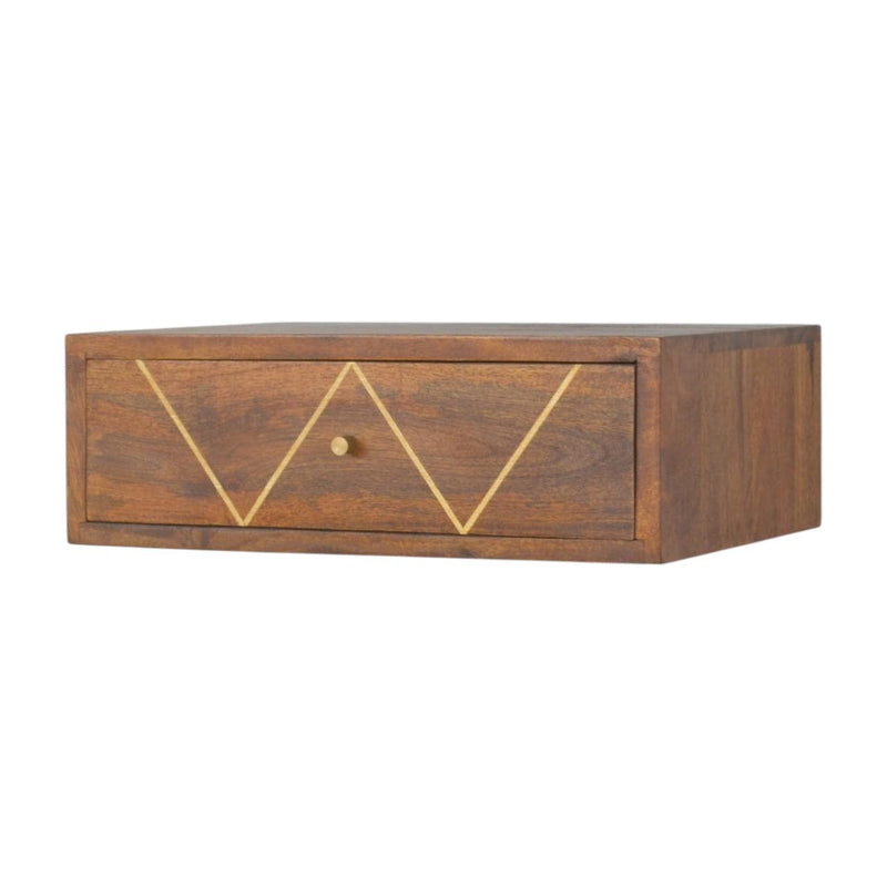 Solid Wood Geometric Inlay One Drawer Floating Nightstand - Chestnut / Brass