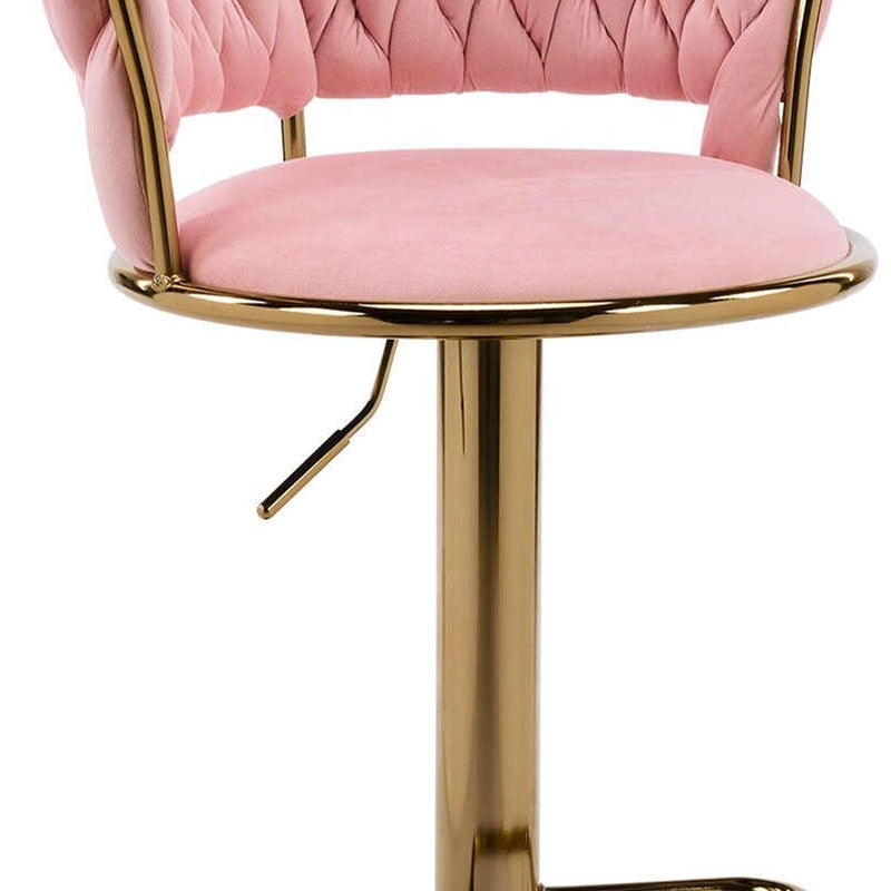 Velvet And Metal Low Back Adjustable Height Swivel Bar Chair - Pink And Gold