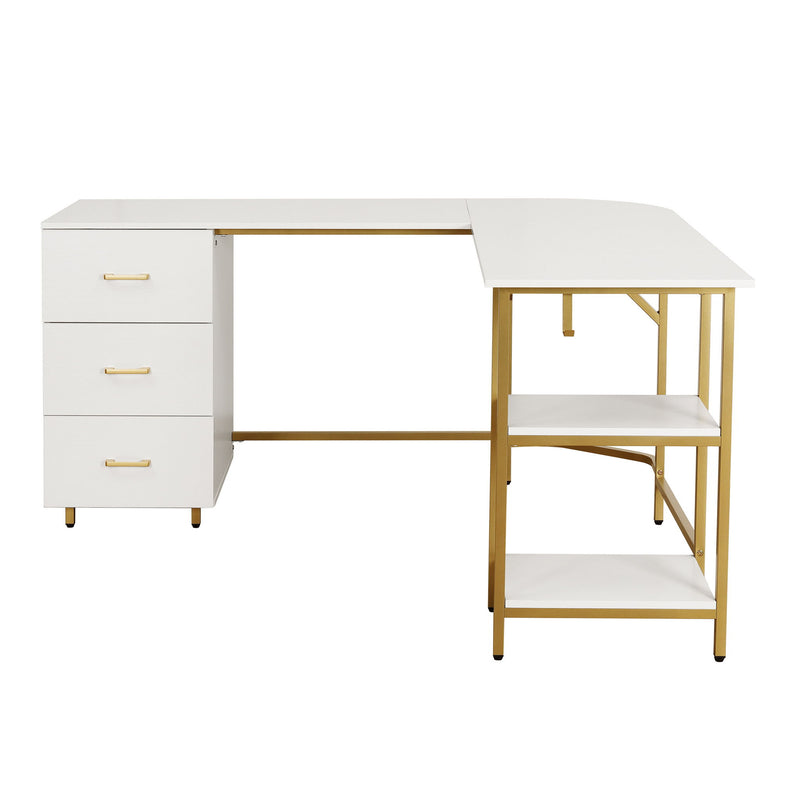 L Shape Computer Desk With Three Drawers - White / Gold