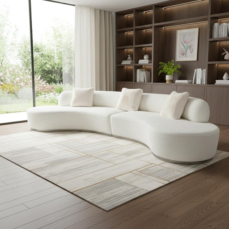 Cotton Blend Curved Sofa With Toss Pillows - White