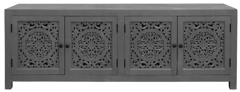 86" Carved Floral Distressed Solid Wood Enclosed Storage TV Stand - Dark Gray