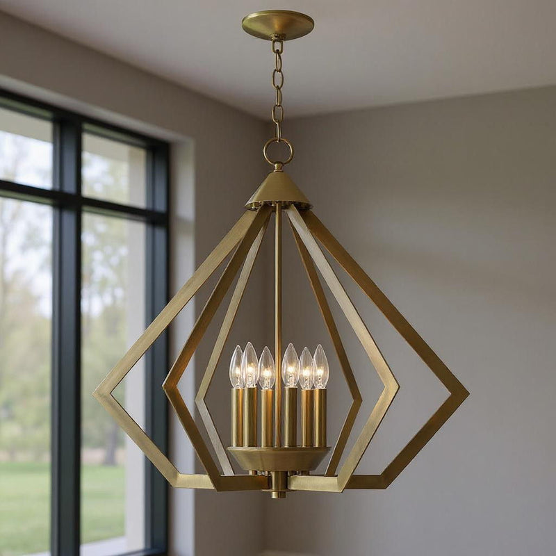 25" Six-Light Dimmable Chandelier With Shades - Antiqued Brass
