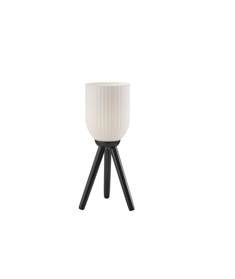 Solid Wood Tripod Table Lamp With White Ribbed Glass Shade - Black