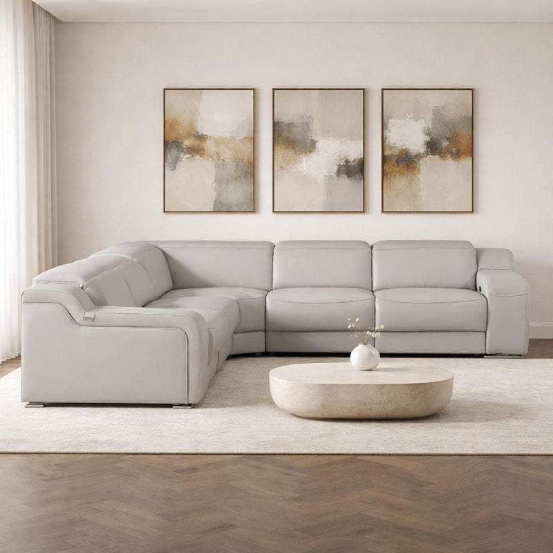Italian Leather Power Reclining Curved Five Piece Corner Sectional With Console - Light Gray