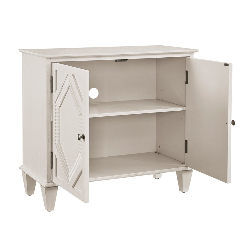 Wood Carved Geometric Accent Cabinet With Two Doors - White
