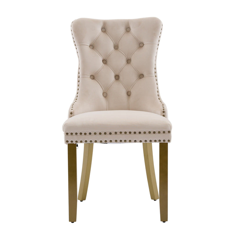 Tufted Solid Wood Dining Side Chairs (Set of 2) - Beige / Gold