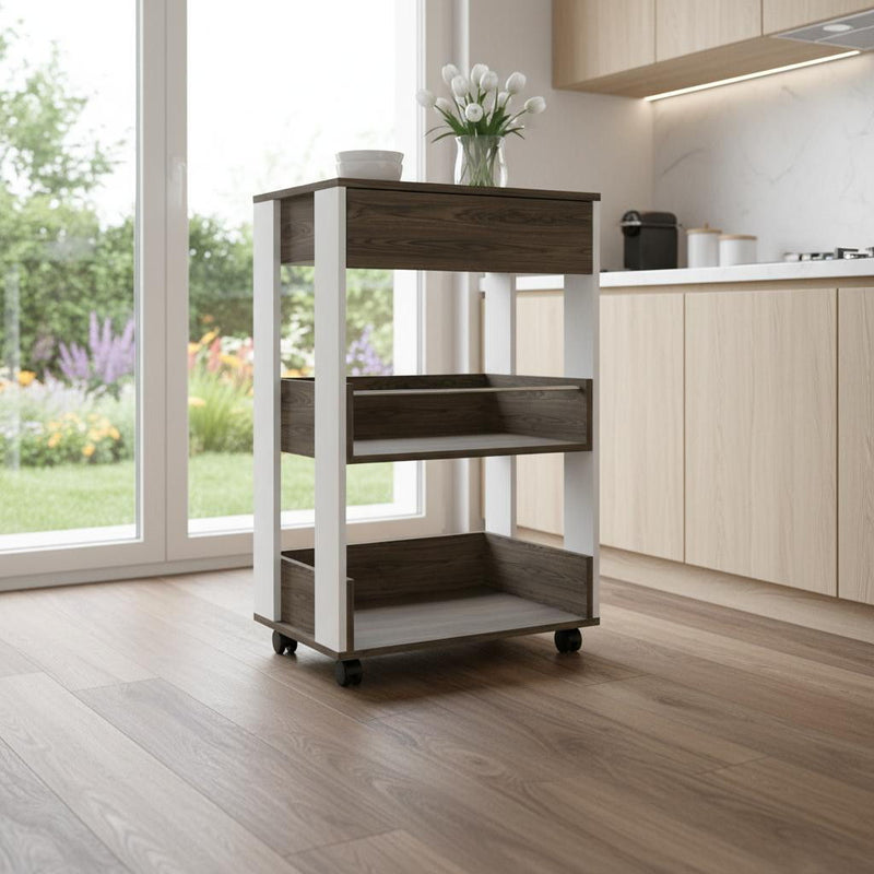 And White Wood Rolling Kitchen Cart With Storage - Dark Brown