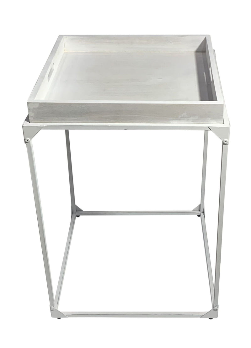 29" Solid Wood And Iron Square Tray Style End Table - White