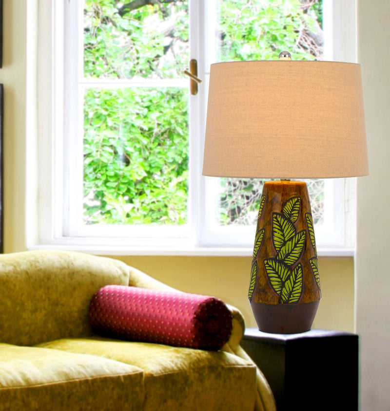 Ceramic Cylinder Table Lamp With Tan Empire Shade - Brown