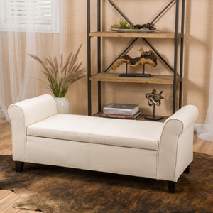 Glistening - Upholstered Storage Bench With Rolled Arms And Wood Legs - Beige