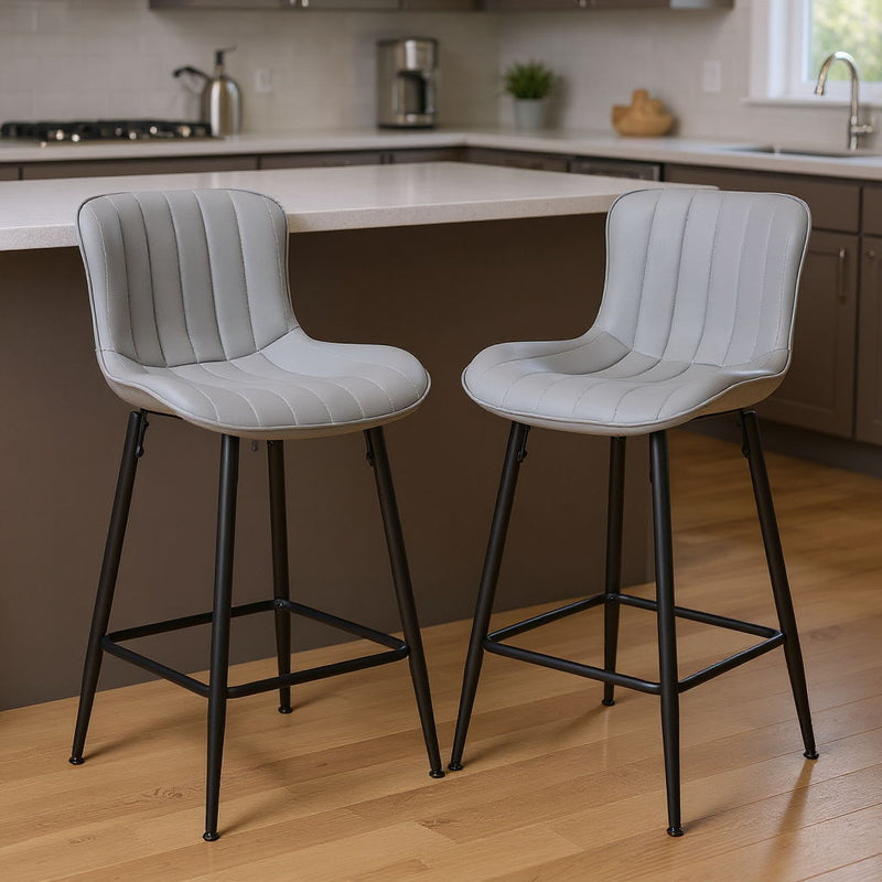 Faux Leather Metal Low Back Counter Height Bar Chairs (Set of 2) - Gray / Black