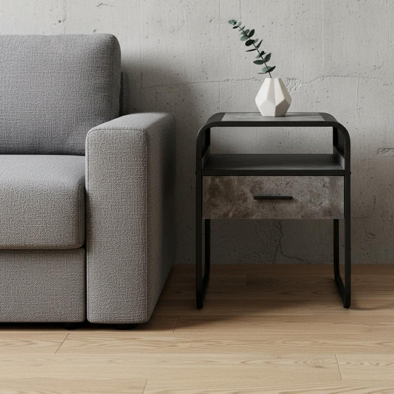 Wood And Metal Square End Table With Drawer And Shelf - Black And Gray