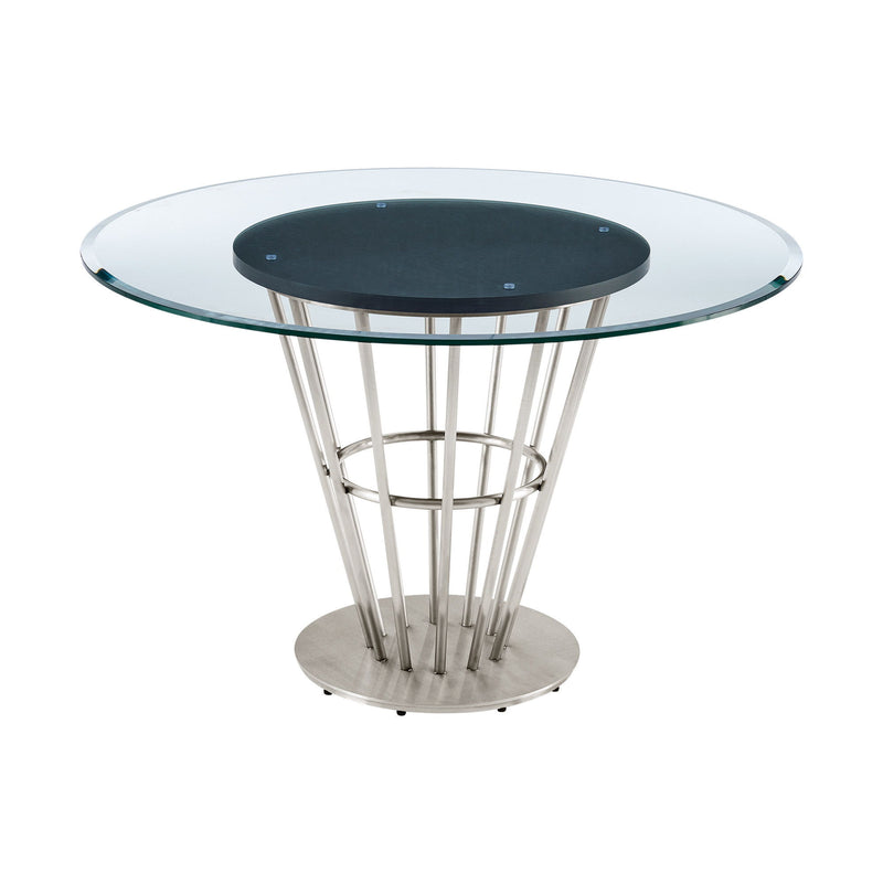 48" Glass And Stainless Steel Pedestal Base Round Top Dining Room Table - Brown