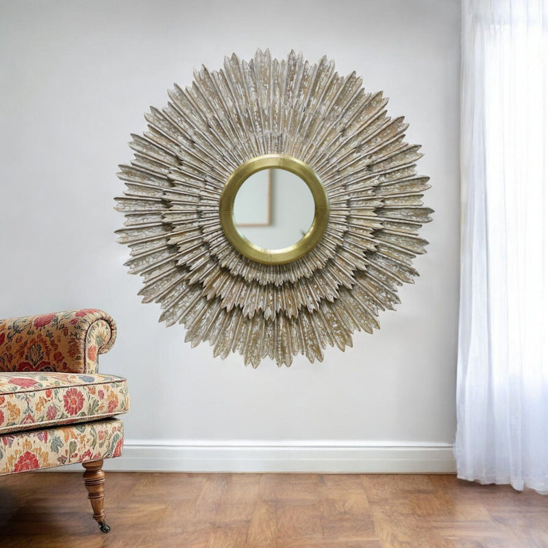 44" Antiqued Sunburst Framed Accent Mirror - Gold