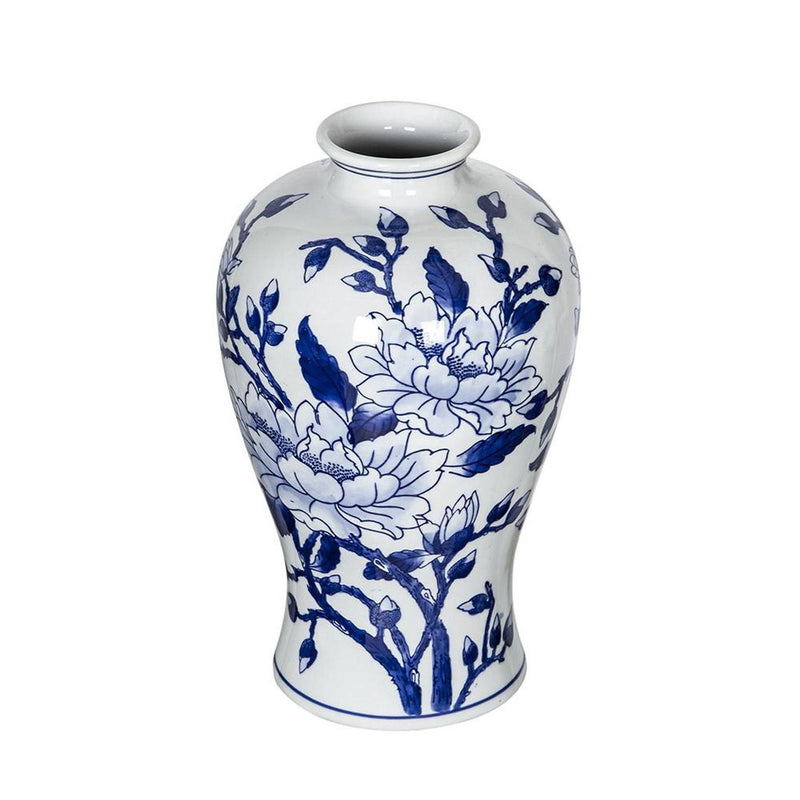 Floral Chinoiserie Round Porcelain Table Vase - Blue / White