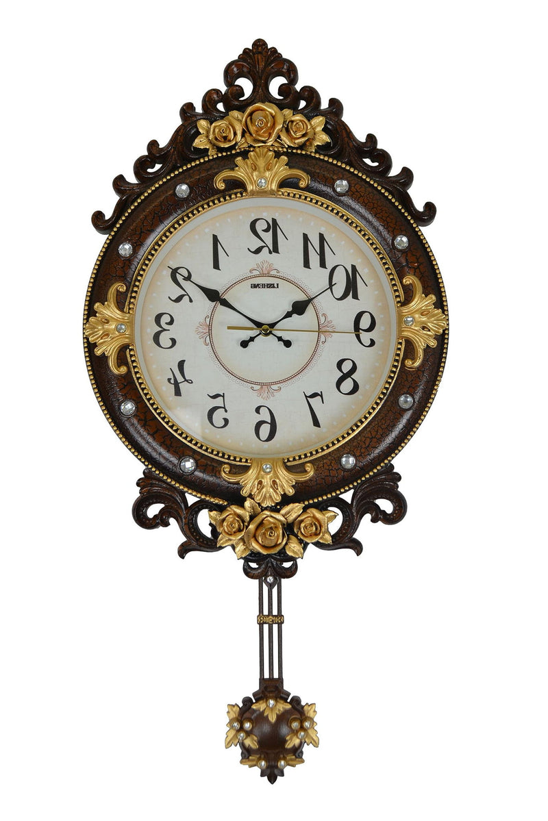 Silent Pendulum Ornate Oval Wall Clock - Brown / Gold / White