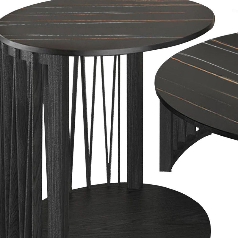 Marble And Solid Wood Round Nested Coffee Tables - Black