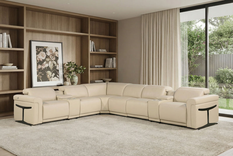 Italian Leather Modular L Shaped Eight Piece Corner Sectional With Console - Beige