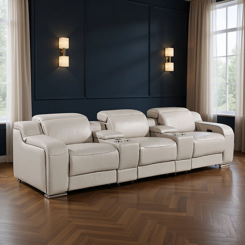 129" Italian Leather Reclining USB Sofa - Light Gray