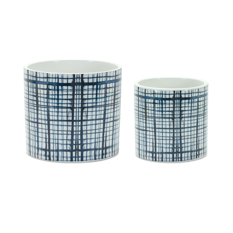 Lattice Round Pot Planters (Set of 2) - White / Blue
