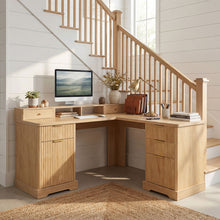 Load image into Gallery viewer, Fluted L-Shaped Desk With Charging Station &amp; Storage Cabinet
