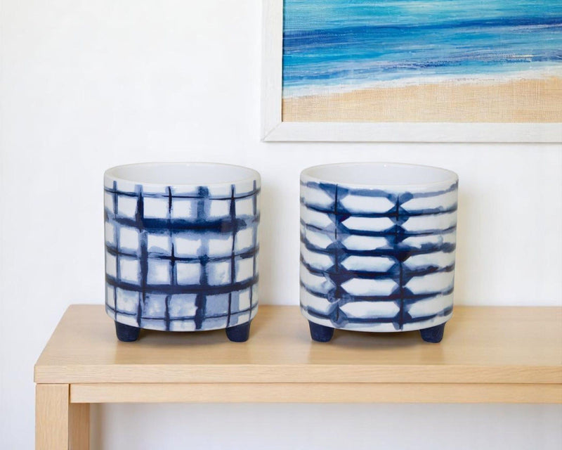 Round Footed Pot Planters (Set of 2) - Cobalt / White