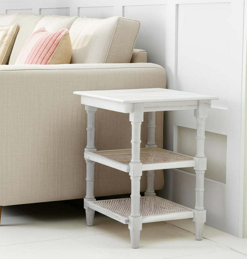 24" Antiqued Solid Wood End Table With Two Shelves - White